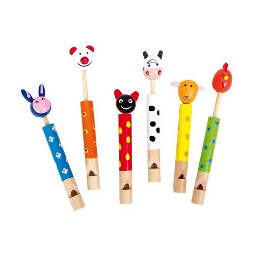 fluit1 (1) 6 houten dierenfluiten voor kinderen – koe, haan, ezel en meer