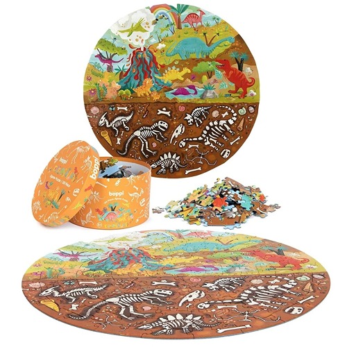 boppi-boppi-stoere-dinosaurussen-ronde-puzzel-150 .jpg Kinderpuzzel dinosaurus 150 stukjes – 4WRD rond model