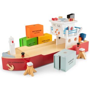 educatief-duurzaam-new-classic-toys-containerboot-met-wielen Houten containerhaven speelgoed – New Classic Toys transportboot