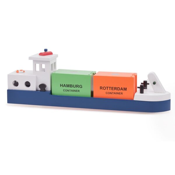 houten-speelgoedboot-containerhaven-2-containers.jpg Speelgoed containerboot van hout met twee containers – Goochem Dutch Design