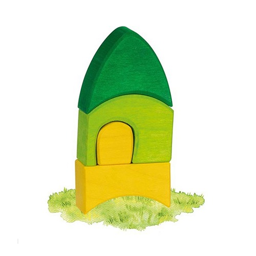 speellab-goki-evolution-bouwblokken-duurzaam-fantasie-open-ended Montessori en open einde spel met duurzame houten speelgoedset Goki Evolution Morgana groene toren bij Het Speellab