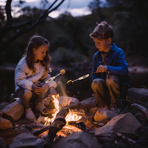 marshmallows-roosteren-kampvuur-huckleberry-vorken-buiten-spelen-het-speellab Het Speellab Kinderen roosteren marshmallows boven een vuur met Kikkerland kampvuurvorken tijdens kamperen