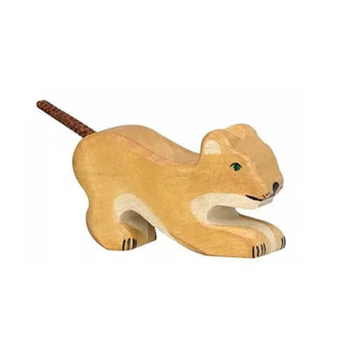 Holztiger-leeuw-klein-spelend-open-einde-houten-dier-7cm-80142 Houten handgemaakt dierfiguur spelende leeuw voor open einde spel. Duurzaam en fantasierijk speelgoed van Holztiger bij Het Speellab