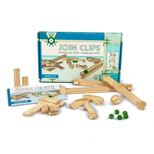 Join-clips-Uitbreidingsset-Marble-Run3-houten knikkerbaan Onderdelen van de JOIN CLIPS marble run uitbreidingsset met clips en houten plankje