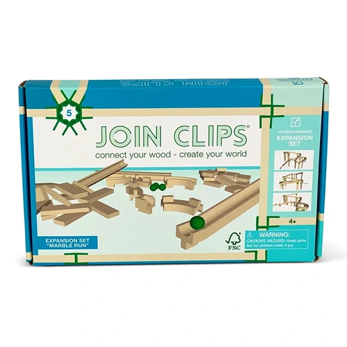 Join-clips-houten-Uitbreidingsset-Marble-Run JOIN CLIPS uitbreidingsset voor houten knikkerbaan met verbindingsclips en houten plankjes om een eigen marble run te bouwen.