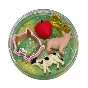 Sensoryfun--sensorische-speelklei-boerderij Pot sensorydough boerderij van bovenaf met beeld op speelfiguren