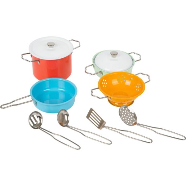Small Foot houten speelgoedset met gekleurde pannen en kookgerei voor de kinderkeuken.